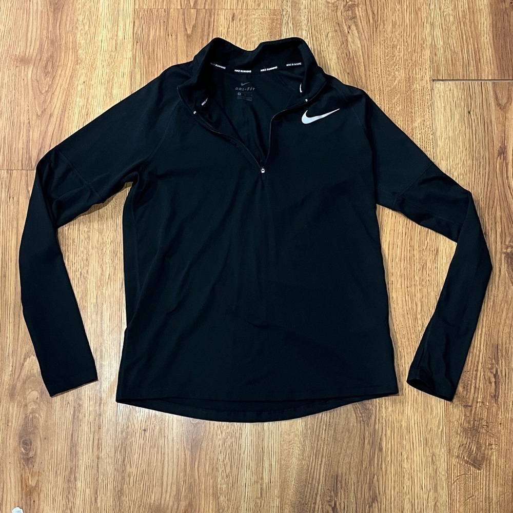 Nike Black Long Sleeve Running Top with White Logo Size Medium